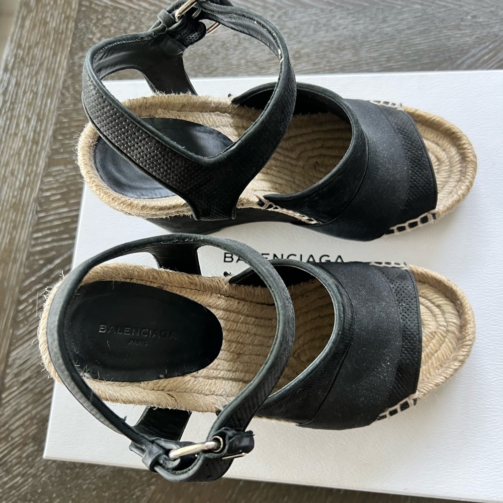 Balenciaga Black Wedge Espadrille Sandals with Ankle Buckle - Picture 4 of 9